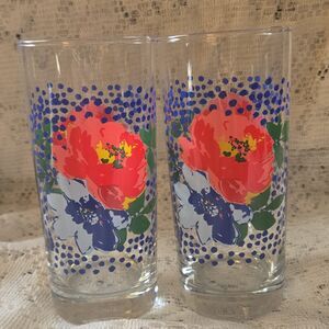 Set of 2 Multicolor Floral Decorated Round Drinking Glasses, Two-Piece Spring